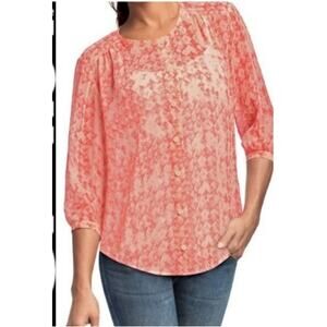 CAbi Peach Sheer Geometric Button Down 3/4 Sleeve Blouse Size M Silk